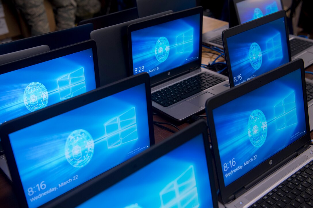 PETERSON AIR FORCE BASE, Colo. – New Windows 10 laptops sit idle while being upgraded with Windows 10 at Peterson Air Force Base, Colo., March 22, 2017. The Windows 10 roll out is part of a Department of Defense wide mandate to update all computers across all services. The 21st CS has been working extra shifts to ensure that mandate is met well ahead of schedule on April 1.  (U.S. Air Force photo by Steve Kotecki)