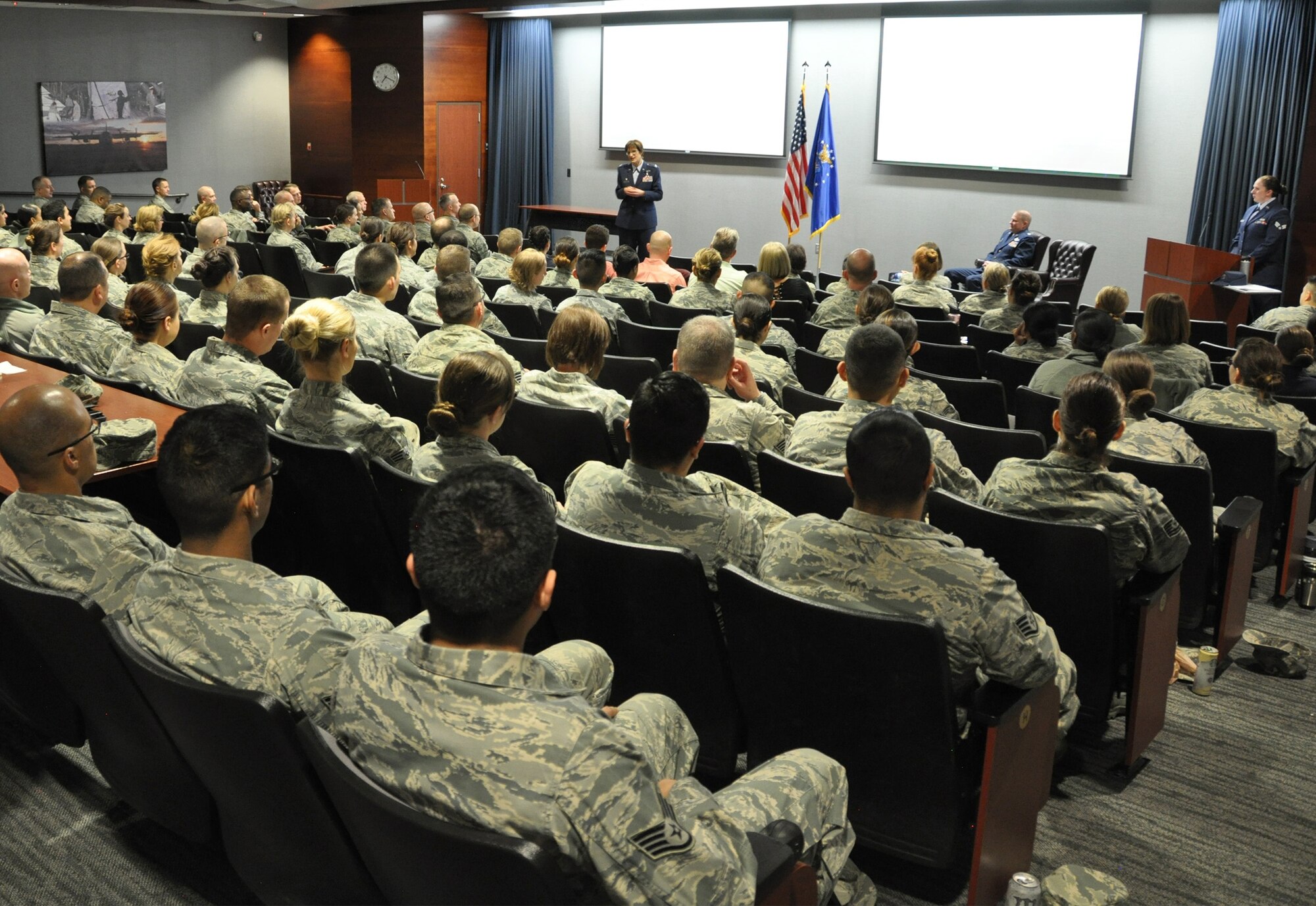 Members of the 302nd Aeromedical Staging Squadron listen as Col. Karen Steiner,  302nd ASTS commander, describes her leadership philosophy and goals for the squadron during her assumption of command ceremony at Peterson Air Force Base, Colorado, March 5, 2017. (U.S. Air Force photo/1st Lt. Stephen J. Collier)