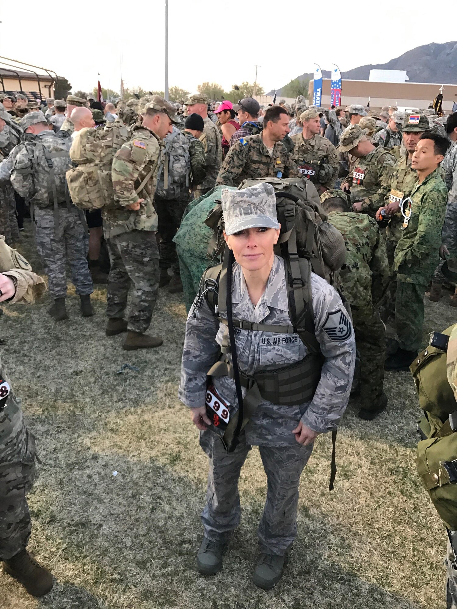 WHITE SANDS MISSILE RANGE, N.M. - Master Sgt. Katherine Hammer, 302nd Airlift Wing law office superintendent, participates in the 75th Bataan Memorial Death March at White Sands Missile Range, N.M., March 19, 2017. Hammer partook in the military individual division where participants have to march the 26.2 miles in their respective uniforms, wear rucksack with that least 35 pounds and contribute their unit coin. (Courtesy photo by Ben Peterson)
