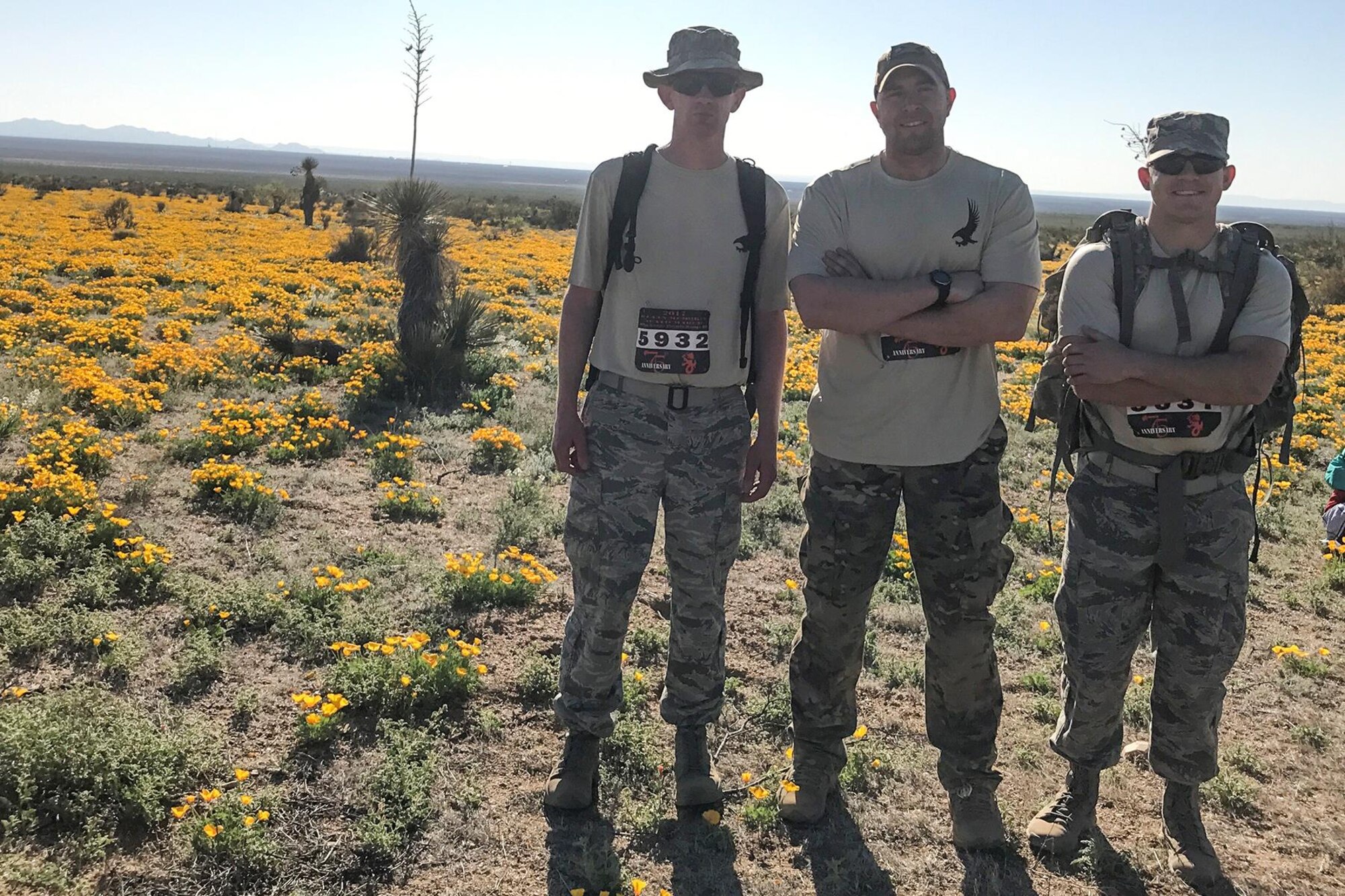 WHITE SANDS MISSILE RANGE, N.M. – Members from the 4th Space Control Squadron participate in the 75th Bataan Memorial Death March at White Sands Missile Range, N.M., March 19, 2017. Approximately 7,000 military and civilians participated in the 75th anniversary march. The march commemorates the 75,000 US and Filipino soldiers who surrendered to Japanese forces on April 9, 1942 and were forced to march 65 miles to confinement camps. (Courtesy photo)