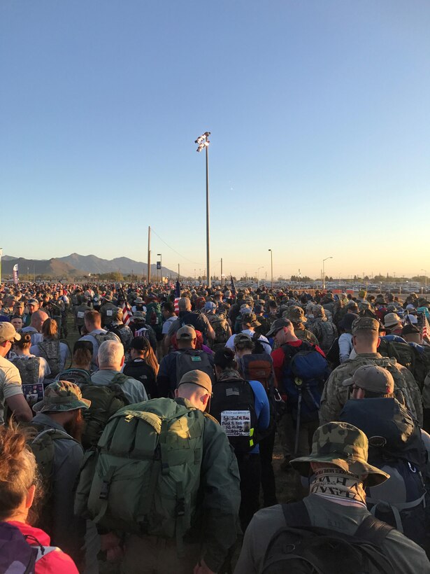 WHITE SANDS MISSILE RANGE, N.M. – Members from the 4th Space Control Squadron and 302nd Airlift Wing participate in the 75th Bataan Memorial Death March at White Sands Missile Range, N.M., March 19, 2017. Approximately 7,000 military and civilians participated in the 75th anniversary march. The march commemorates the 75,000 US and Filipino soldiers who surrendered to Japanese forces on April 9, 1942 and were forced to march 65 miles to confinement camps. (Courtesy photo)