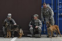 Military working dog handlers from the 51st Security Forces Squadron take a pause with their canine partners during a field training exercise at Osan Air Base, Republic of Korea, March 23, 2017. The field training exercise was part of the 51st SFS Combat Readiness Course, a 10-day program that covers basic and advanced contingency operations and base-specific defense tactics, including the use of Mission Oriented Protective Posture gear. (U.S. Air Force photo by Staff Sgt. Victor J. Caputo)
