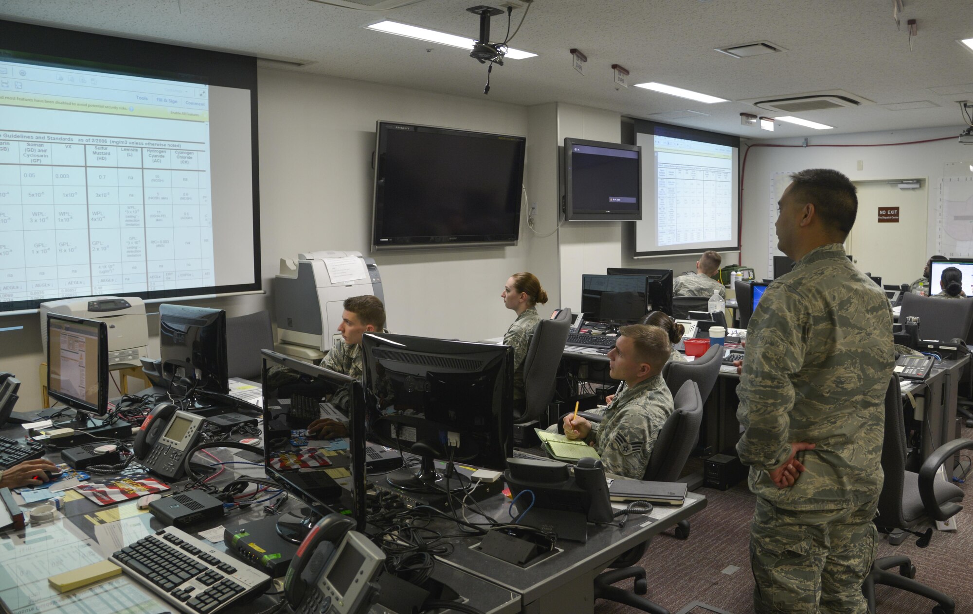 Maj. Edgar Cedua, 374th Aerospace Medical Squadron bioenvironmental engineering flight commander, briefs personnel on chemical warfare agent air exposure guidelines and standards at Yokota Air Base, Japan, March 24, 2017. The training helped bioenvironmental and emergency management members gain a better understanding of how to effectively complete their mission during potential scenarios in the future. (U.S. Air Force photo by Staff Sgt. David Owsianka)