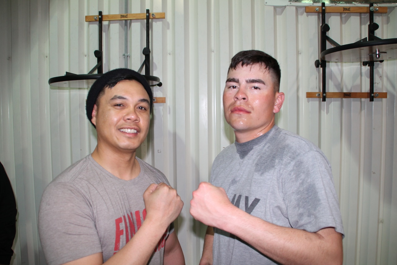 Army Sgt. Marcos Benitez, right, an M1A2 Abrams tank gunner, and Sgt. 1st Class Joel Vallete, signal section chief, both of 1st Battalion, 8th Infantry Regiment, 3rd Armored Brigade Combat Team, 4th Infantry Division, train at a gymnasium at Mihail Kogalniceanu Air Base, Romania, March 8, 2017. Army photo by Spc. Matthew Searcy