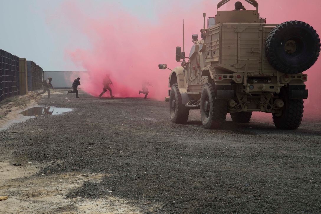 Civilian and military personnel from Kuwait, Qatar, Saudi Arabia and the U.S. conduct counterterrorism drills, search and rescue operations, and respond to a mock vehicle explosion as part of exercise Eagle Resolve, March 28, 2017, in Kuwait. The exercise tests participant's ability to respond as a combined joint task force.  Exercise Eagle Resolve is the premier U.S. multilateral exercise within the Arabian Peninsula. Since 1999, Eagle Resolve has become the leading engagement between the U.S. and Gulf Cooperation Council nations to collectively address the regional challenges associated with asymmetric warfare in a low-risk setting. (U.S. Combat Camera Photo by Mass Communications Specialist 2nd Class David Giorda)