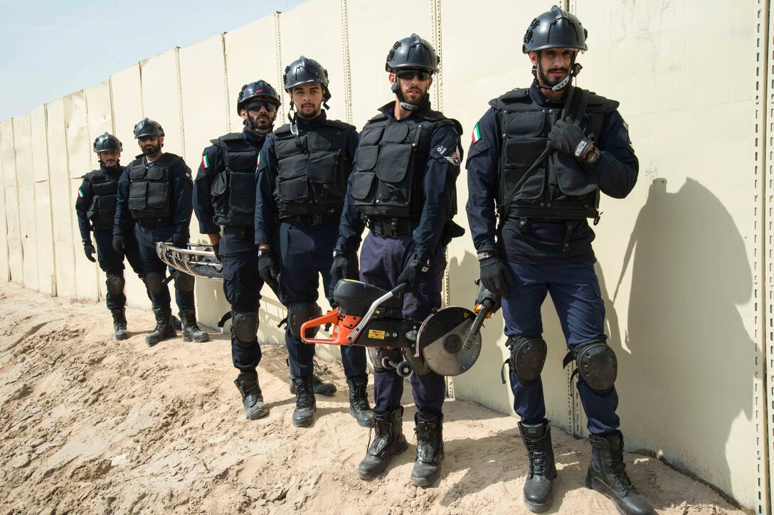 Civilian and military personnel from Kuwait, Qatar, Saudi Arabia and the U.S. conduct counterterrorism drills, search and rescue operations, and respond to a mock vehicle explosion as part of exercise Eagle Resolve, March 28, 2017, in Kuwait. The exercise tests participant's ability to respond as a combined joint task force.  Exercise Eagle Resolve is the premier U.S. multilateral exercise within the Arabian Peninsula. Since 1999, Eagle Resolve has become the leading engagement between the U.S. and Gulf Cooperation Council nations to collectively address the regional challenges associated with asymmetric warfare in a low-risk setting. (U.S. Combat Camera Photo by Mass Communications Specialist 2nd Class David Giorda)