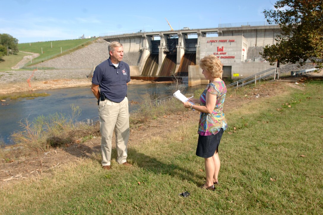 Bob Sneed, U.S. Army Corps of Engineers Nashville District Water Management Section chief, is interviewed by NBC Channel 4 Reporter Nancy Amons at J. Percy Priest Dam Sept. 14, 2011.  Sneed, now retired from the Corps, received the Government Engineer of the Year award from the Tennessee Society of Professional Engineers at the Renaissance Hotel in Nashville, Tenn., Feb. 24, 2017. The award recognizes the engineer who has made the most outstanding contribution to the advancement and practice of engineering in federal, state and local government over a career.