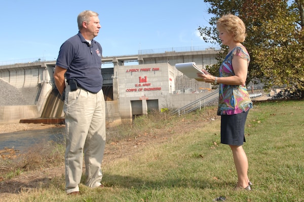 Bob Sneed, U.S. Army Corps of Engineers Nashville District Water Management Section chief, is interviewed by NBC Channel 4 Reporter Nancy Amons at J. Percy Priest Dam Sept. 14, 2011.  Sneed, now retired from the Corps, received the Government Engineer of the Year award from the Tennessee Society of Professional Engineers at the Renaissance Hotel in Nashville, Tenn., Feb. 24, 2017. The award recognizes the engineer who has made the most outstanding contribution to the advancement and practice of engineering in federal, state and local government over a career.