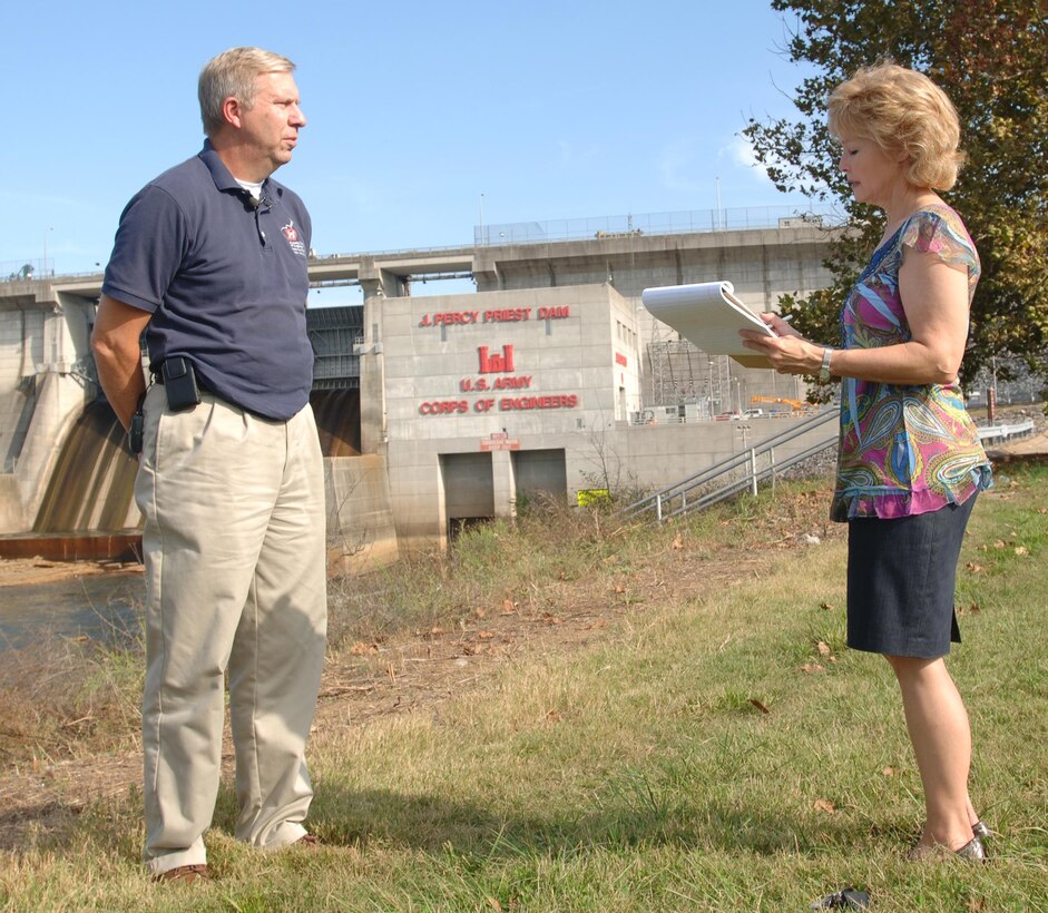 Bob Sneed, U.S. Army Corps of Engineers Nashville District Water Management Section chief, is interviewed by NBC Channel 4 Reporter Nancy Amons at J. Percy Priest Dam Sept. 14, 2011.  Sneed, now retired from the Corps, received the Government Engineer of the Year award from the Tennessee Society of Professional Engineers at the Renaissance Hotel in Nashville, Tenn., Feb. 24, 2017. The award recognizes the engineer who has made the most outstanding contribution to the advancement and practice of engineering in federal, state and local government over a career.