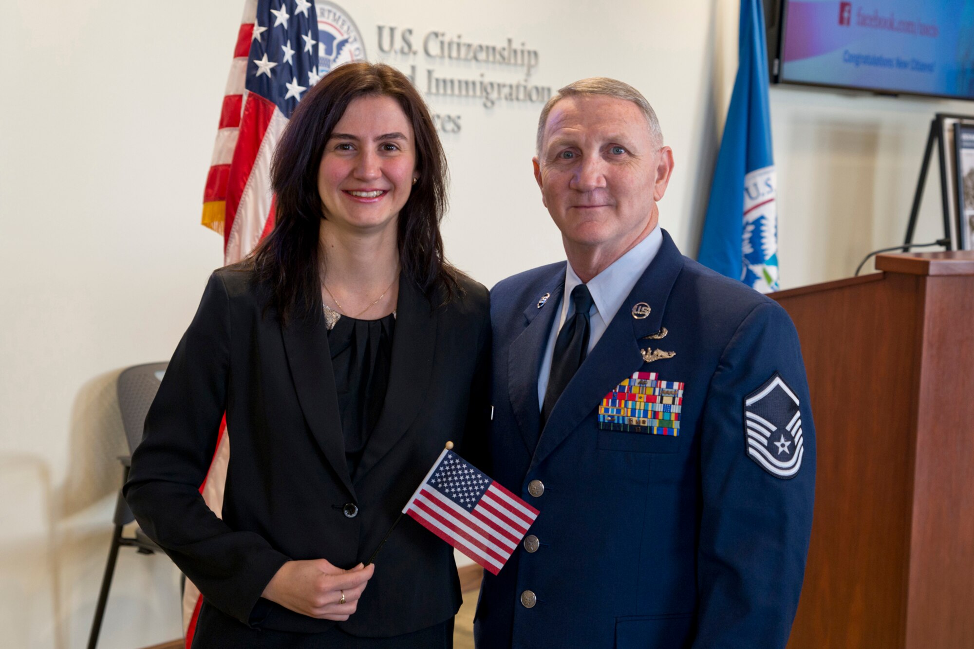 U.S. Air Force Reserve Master Sgt. Jeff and Eva Walston pose for a photo after her Naturalization Ceremony Dec. 16, 2016, in Memphis, Tenn. The couple, who met by accident on the internet, traveled to 19 states, including two trips to the Nation’s Capital in preparation for Eva’s future Citizenship test. (Courtesy photo)