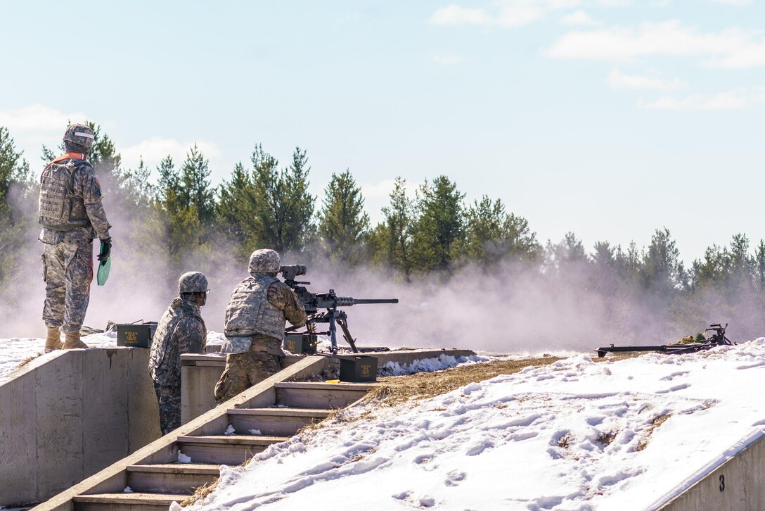 A U.S. Army Reserve Soldier qualifies with an M2 .50 caliber machine gun during Operation Cold Steel at Fort McCoy, Wis., March 14, 2017. Operation Cold Steel is the U.S. Army Reserve's crew-served weapons qualification and validation exercise to ensure that America's Army Reserve units and Soldiers are trained and ready to deploy on short-notice and bring combat-ready and lethal firepower in support of the Army and our joint partners anywhere in the world. (U.S. Army Reserve photo by Spc. Maurice Cheeks, 319th Medical Detachment)