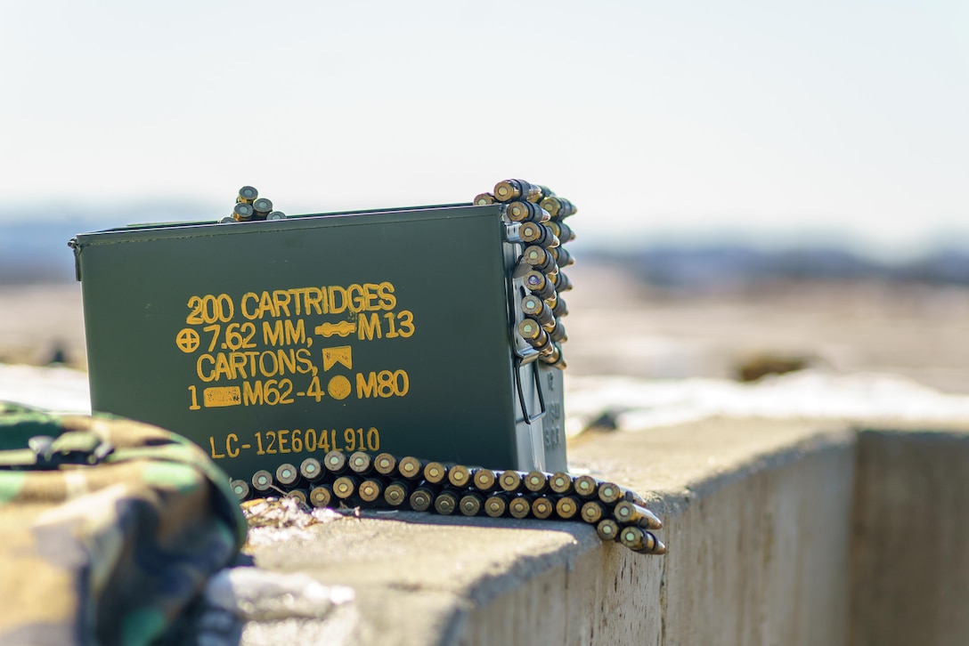 Ammunition is staged to be used for ground qualification during Operation Cold Steel at Fort McCoy, Wis., March 15, 2017. Operation Cold Steel is the U.S. Army Reserve's crew-served weapons qualification and validation exercise to ensure that America's Army Reserve units and Soldiers are trained and ready to deploy on short-notice and bring combat-ready and lethal firepower in support of the Army and our joint partners anywhere in the world. (U.S. Army Reserve photo by Spc. Maurice Cheeks, 319th Medical Detachment)