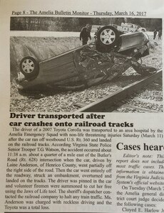 The Amelia Bulletin Monitor, the local newspaper in Amelia, Va., featured an article about the crash U.S. Air Force Tech. Sgt. Daniel Brown, 633rd Air Base Wing protocol, and his best friend, Joey Ramsey, were first to witness and help the driver on March 16, 2017. Brown and Ramsey kept the driver calm and conscious until first responders arrived on-scene. (Courtesy Photo)