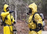 U.S. service members attending Naval School Explosive Ordnance Disposal (NAVSCOLEOD) conduct chemical biological handling of hazardous materials and decontamination during a simulated cave training exercise at Eglin Air Force Base, Fla., March 8, 2017. The purpose of NAVSCOLEOD is to train technicians in basic, as well as advanced, courses to perform various duties that include locating, identifying, rendering safe, and disposing of bombs and other hazardous materials. (U.S. Marine Corps photo by Cpl. Laura Mercado)