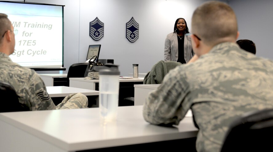 Simone White, 55th Force Support Squadron testing technician, instructs Team Offutt members on their roles and responsibilities as unit Weighted Airman Promotion System (WAPS) monitors. These include publicizing availability of the WAPS Catalog; assisting unit Airmen in identifying reference requirements; and obtaining study reference materials. Annually, Offutt’s education center manages notifications, allocations and confirmations for more than 900 Team Offutt military members’ professional military education, upgrade training and retraining in addition to the more than 2,000 Weighted Airman Promotion System tests they administered in fiscal year 2016.   
