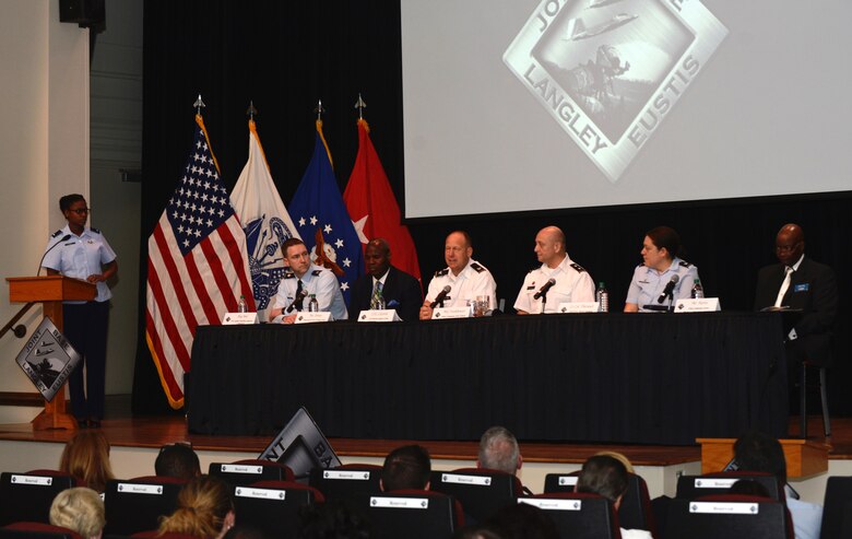 Fort Eustis leadership address community members during the 733rd Mission Support Group commander’s town hall meeting at Joint base Langley-Eustis, March 24, 2017. The town hall was also streamed live on the installation’s Facebook page to enable participation from individuals who were unable to attend. (U.S. Air Force photo/Airman 1st Class Kaylee Dubois)