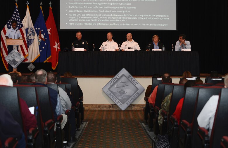 Fort Eustis leadership discuss the base’s concealed weapon policy during the 733rd Mission Support Group commander’s town hall meeting at Joint base Langley-Eustis, March 24, 2017. During the meeting, community members were able to vocalize their concerns to agencies across the installation about a variety of issues. (U.S. Air Force photo/Airman 1st Class Kaylee Dubois)