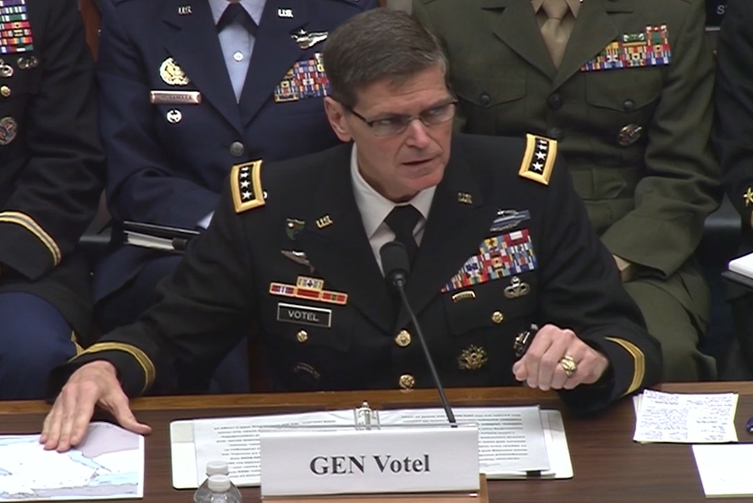 Army Gen. Joseph L. Votel, commander of U.S. Central Command, testified on security challenges in the greater Middle East before the House Armed Services Committee in Washington, March 29, 2017.