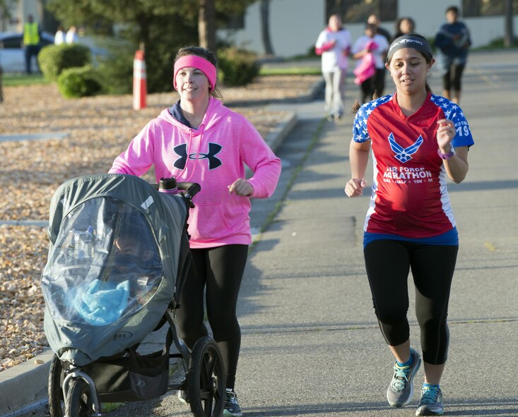 Stroller Warrior Moms take on the 2.5 mile long Air Force Assistance Fund fun run, Mar. 27,2017, Travis Air force Base, Calif. More than 200 people participated in the event which was held to raise awareness about the AFAF mission; supporting Air Force families in need, covering active duty, retirees, reservists, guard, dependents, and surviving spouses.(U.S. Air Force photo/ Heide Couch)