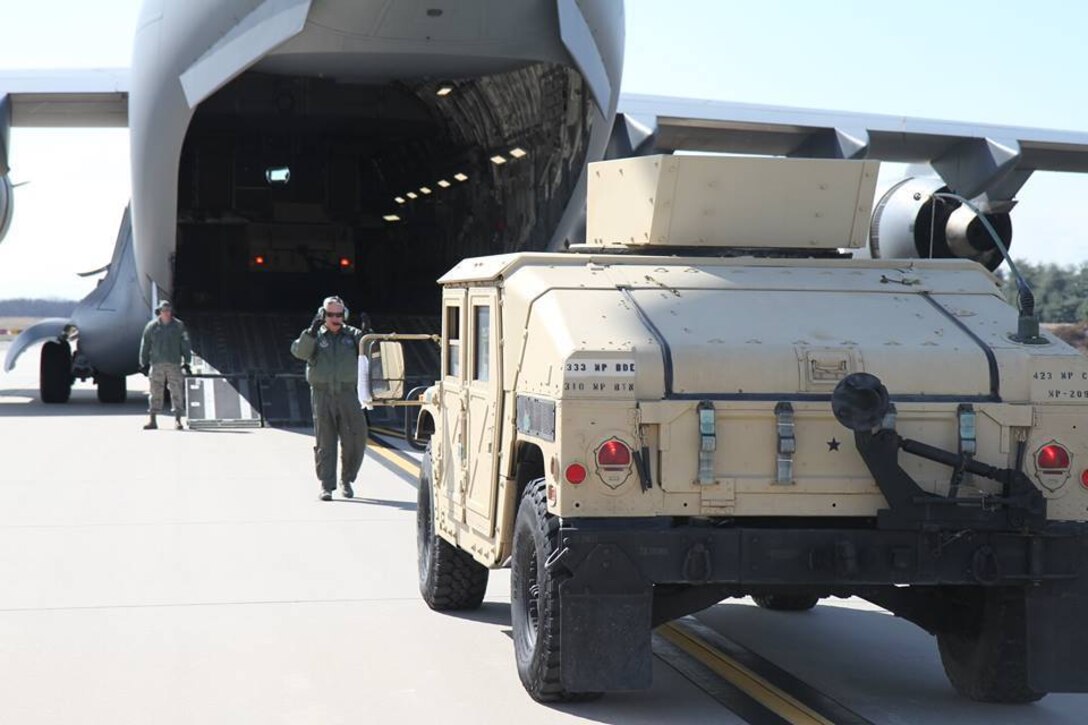 U.S. Army Reserve Soldiers from the 423rd Military Police Company load their vehicles into a U.S. Air Force C-17 Globemaster III aircraft from the 621st Contingency Response Wing as part of Warrior Exercise 2017 on March 19, 2017 at Joint Base McGuire-Dix-Lakehurst, NJ.

Roughly 60 units from the U.S. Army Reserve, U.S. Army, U.S. Air Force, and Canadian Armed Forces are participating in the 84th Training Command's joint training exercise, WAREX 78-17-01, at Joint Base McGuire-Dix-Lakehurst, N.J. from March 8 until April 1, 2017; the WAREX is a large-scale collective training event designed to assess units' combat capabilities as America's Army Reserve continues to build the most capable, combat-ready, and lethal Federal Reserve force in the history of the Nation