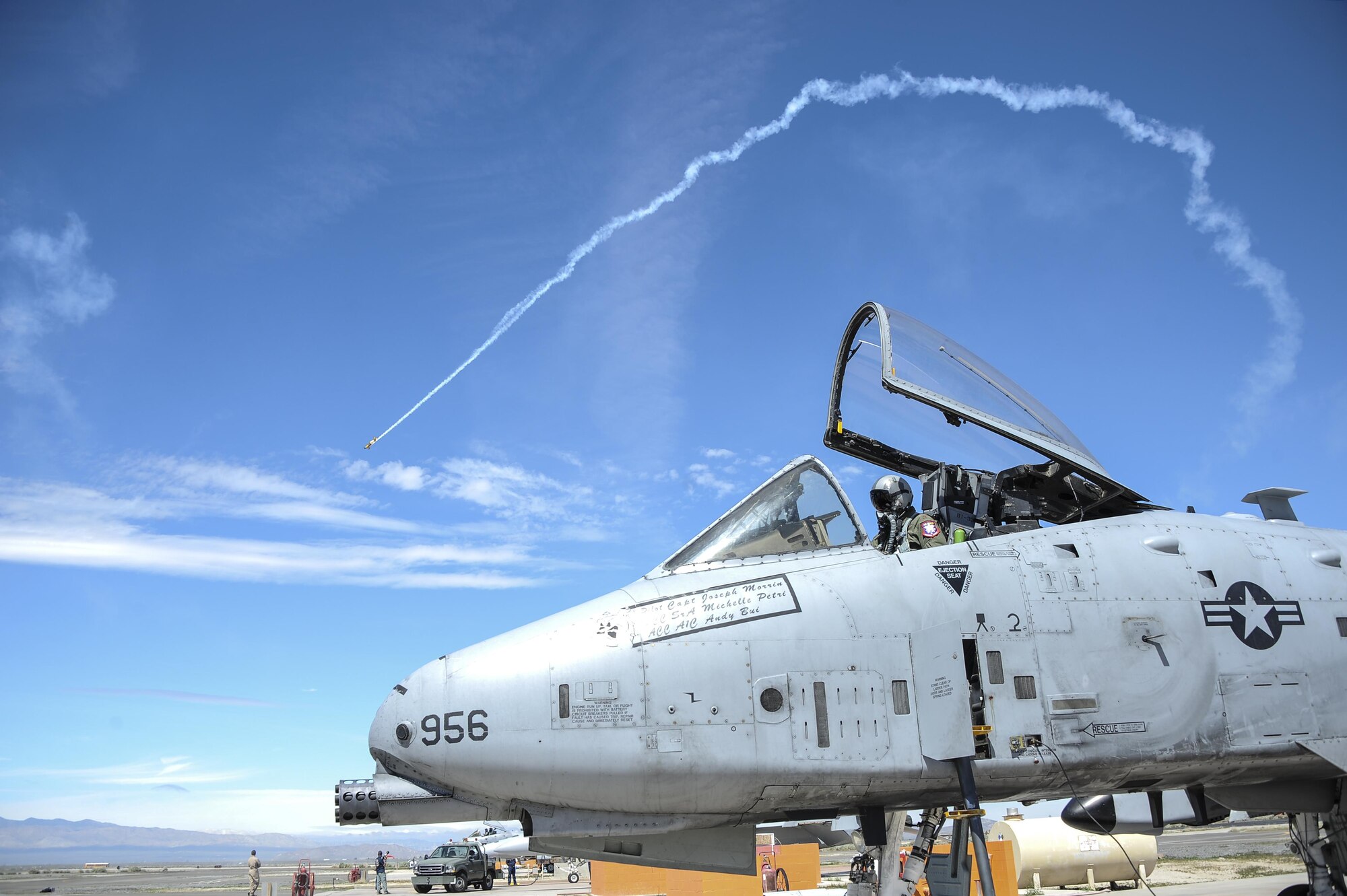 A U.S. Air Force A-10C Thunderbolt II from the A-10 West Heritage Flight Team rests on the flight line during the Los Angeles County Air Show in Lancaster, Calif., March 26, 2017. This is the team’s first air show performance after nearly five years of disbandment. (U.S. Air Force photo by Airman 1st Class Mya M. Crosby)