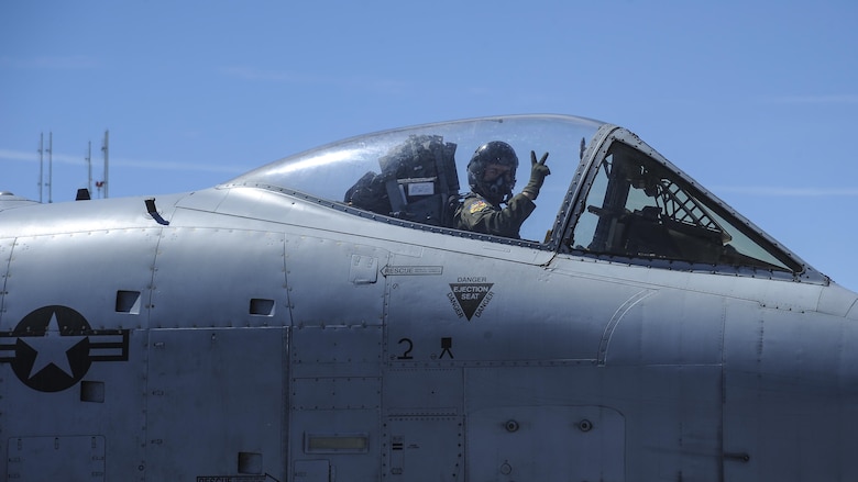 U.S. Air Force Maj. Daniel Levy, A-10 West Heritage Flight Team and 357th Fighter Squadron pilot, prepares to take off during the Los Angeles County Air Show in Lancaster, Calif., March 26, 2017. The A-10 WHFT is scheduled to perform in 9 more air shows throughout the U.S. this year after resurging from a 5-year-long inactivation period. (U.S. Air Force photo by Airman 1st Class Mya M. Crosby)