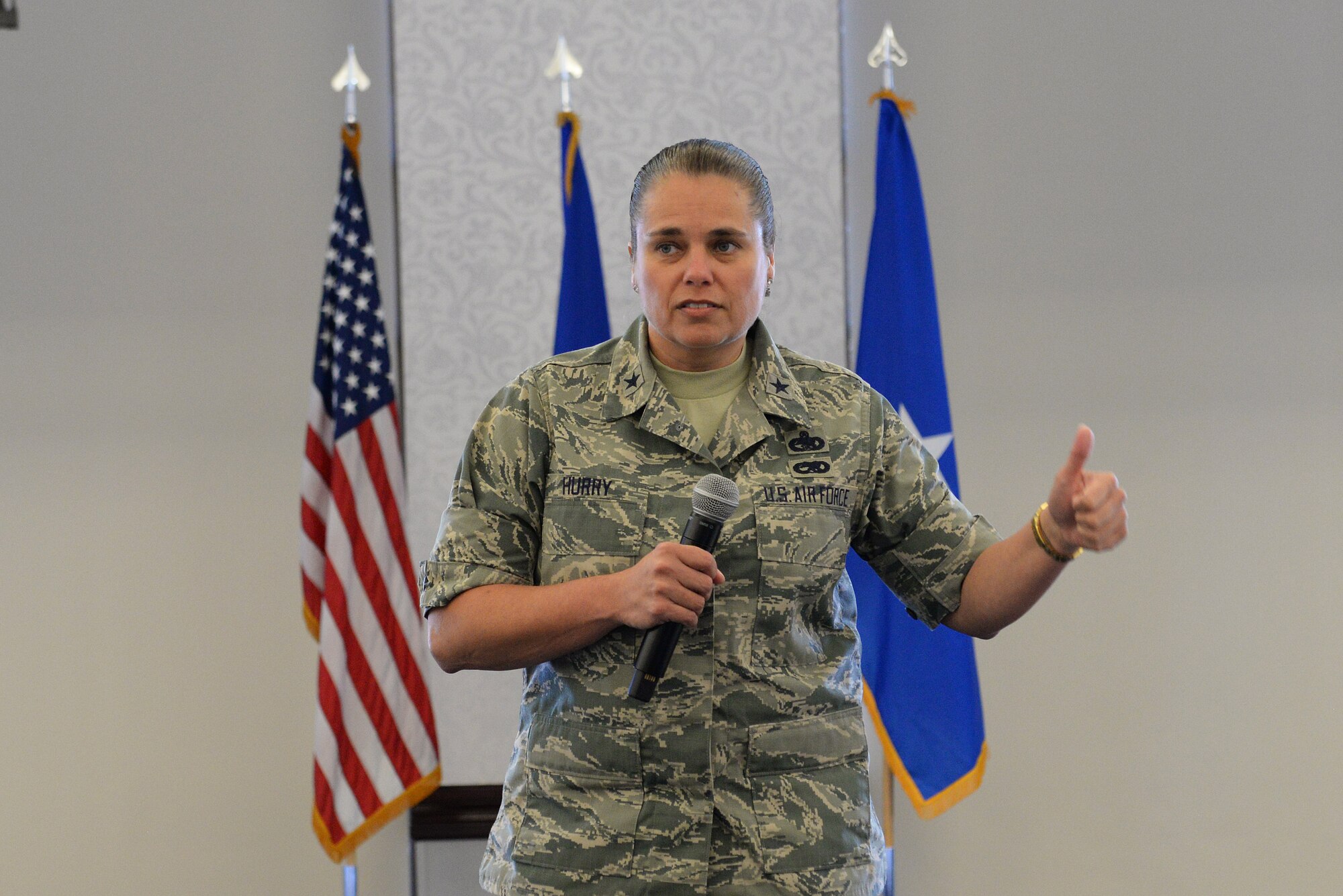 Brig. Gen. Linda Hurry, Air Force Installation and Mission Support Center Expeditionary Support director talks about the organization she works for and introduces her team during a logistics readiness summit at Scott Air Force Base March 22. Her and her team discussed readiness, field functional managers, support agreements and funding. (U.S. Air Force photo by Tech. Sgt. Maria Castle)