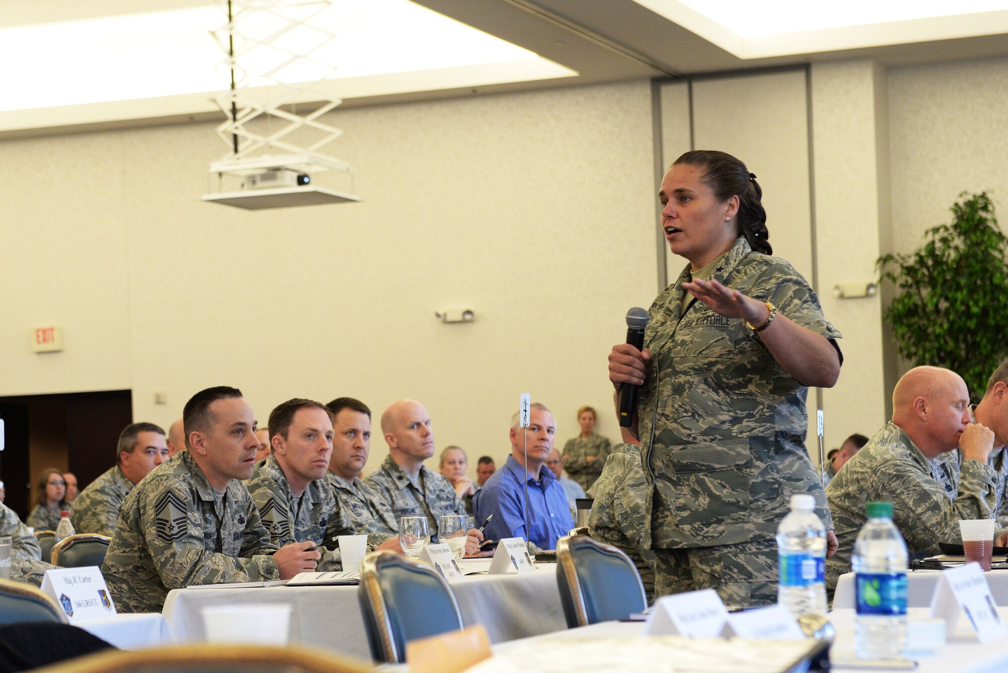 Brig. Gen. Linda Hurry, Air Force Installation and Mission Support Center Expeditionary Support director talks about the organization she works for and introduces her team during a logistics readiness summit at Scott Air Force Base March 22. Her and her team discussed readiness, field functional managers, support agreements and funding. (U.S. Air Force photo by Tech. Sgt. Maria Castle)