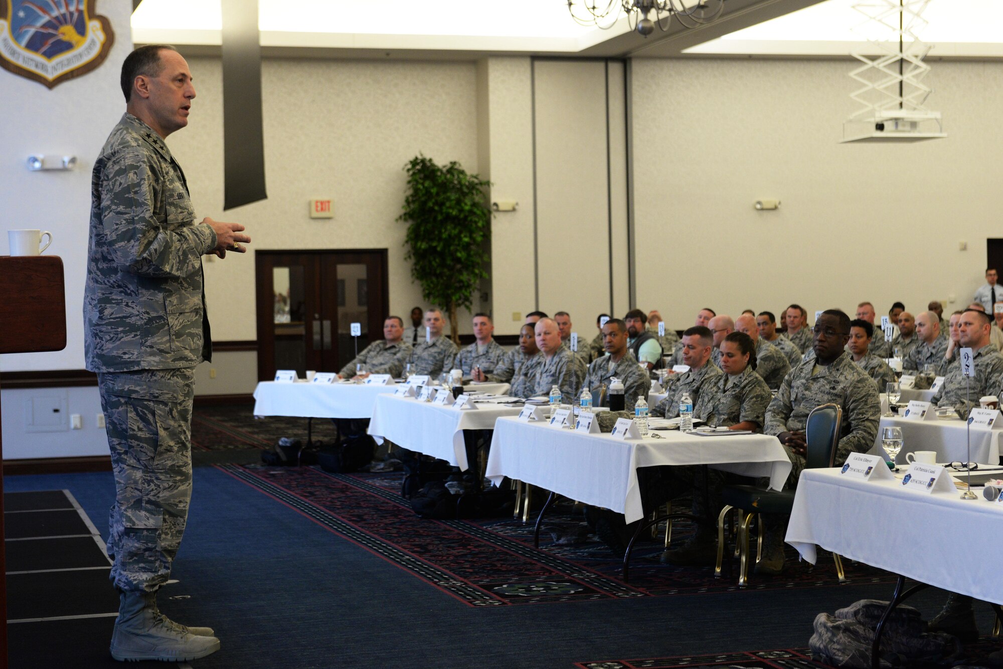 Lt. Gen. Lee Levy II, Air Force Sustainment Center, Air Force Materiel Command commander, speaks to an audience of logistics leaders about modern warfare and the importance of being ready in an ever-changing war domain at a 2-day logistics summit at Scott Air Force Base March 21. He told attendees to make sure they are connected with mission-generating activities and get scare resources to where they will be most beneficial to getting the job done. (U.S. Air Force photo by Tech. Sgt. Maria Castle)