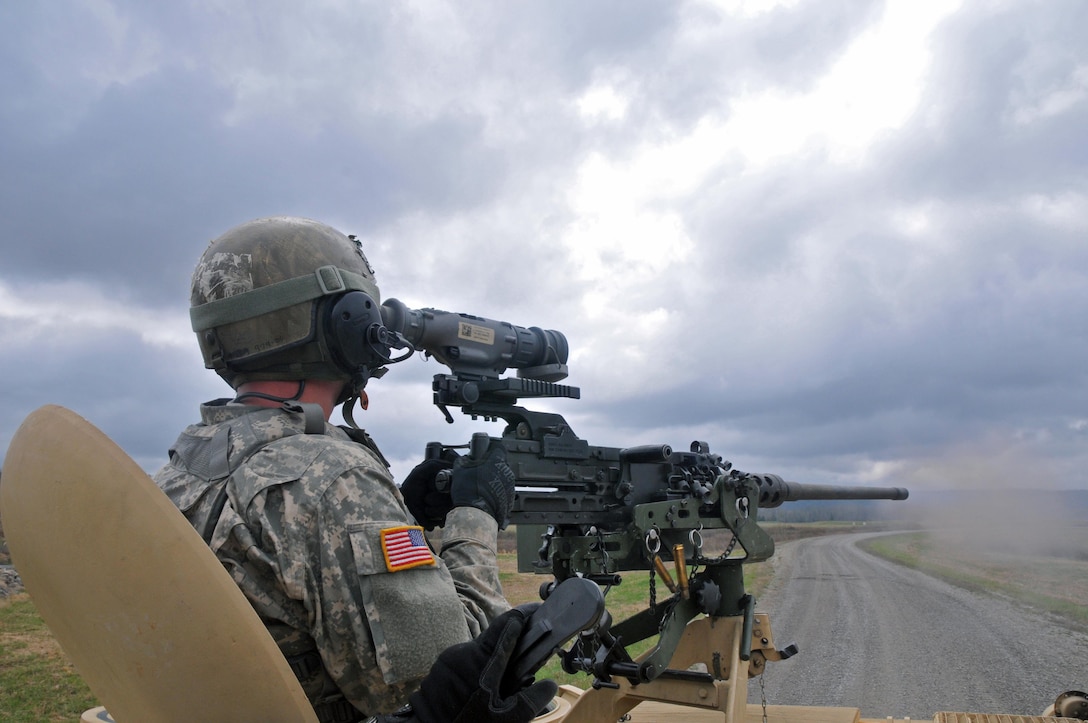 U.S. Army Reserve Spc. Dalton Phillips, 979th Mobility Augmentation Company, 478th Engineer Battalion, 926th Engineer Brigade, 412th Theater Engineer Command, based in Lexington, Ky., engages a target with his M2 .50 caliber machine gun during a Gunnery crew live-fire qualification at Wilcox Range on Fort Knox, Ky., March 28, 2017. This is the first time that this company has fired its M2s and M240B Machine Guns from M113 Armored Personnel Carriers.  This training ensures that Army Reserve units and Soldiers bring combat-ready and lethal firepower to worldwide operations. (U.S. Army Reserve Photo by Sgt. 1st Class Clinton Wood)