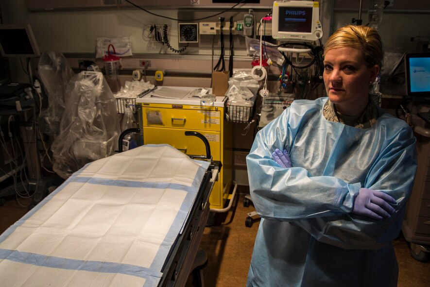 Tech. Sgt. Emily Irwin-Green, St. Louis Center for Sustainment of Trauma and Rediness Skills emergency and trauma nursing instructor, discusses the uses of various medical euipment during a C-STARS course in St. Louis Missiouri, March 20, 2017. Irwin-Green said her favorite part of the job is seeing the confidence in her students grow while providing them the skills needed to potentially save the lives of her brothers and sisters-in-arms. (U.S. Air Force Photo by Airman 1st Class Daniel Garcia)