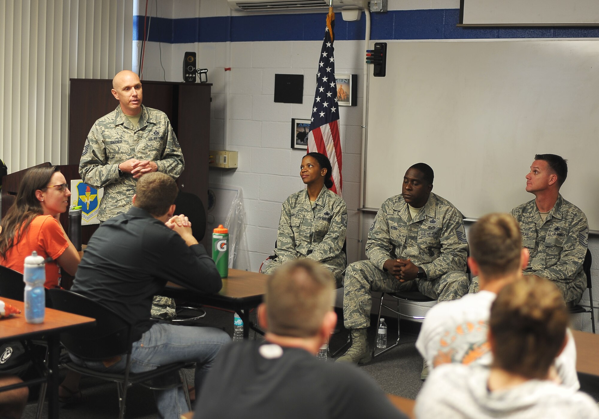 Master Sgt. Matthew Garner, left, NCO in charge of personnel assigned to Air Force ROTC Detachment 150 from Gainesville, Fla., introduces his cadets to Team MacDill senior NCOs during a mentorship discussion at the University of Florida, March 28, 2017. Six members of Team MacDill travelled from Tampa to give advice to the soon-to-be second lieutenants. (U.S. Air Force photo by Airman 1st Class Adam R. Shanks)