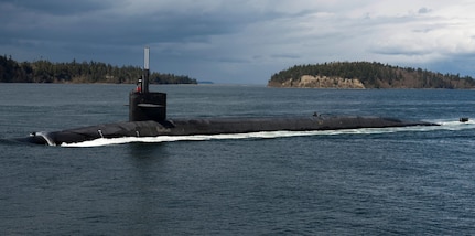 The Gold Crew of the Ohio-class ballistic-missile submarine USS Pennsylvania (SSBN 735) transits the Hood Canal as the boat returns home to Naval Base Kitsap-Bangor following a routine strategic deterrent patrol. Pennsylvania is one of eight ballistic-missile submarines stationed at the base, providing the most survivable leg of the strategic deterrence triad for the United States. (U.S. Navy photo by Mass Communication Specialist 1st Class Amanda R. Gray)