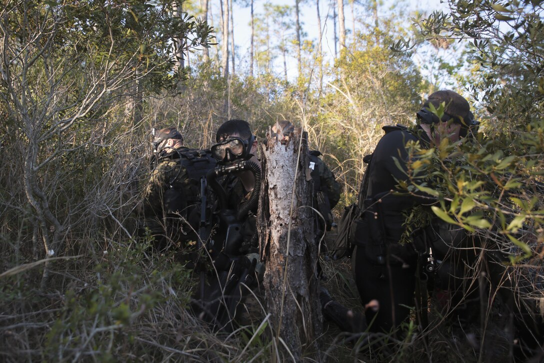 Staff Sgt. Andrew Chen, assistant team leader with 3rd Force Reconnaissance Company, 4th Marine Division provide security at objective rally point during a day and night dive and ship-to-shore advancement operation at Pensacola, Fla., March 22, 2017. The exercise focused on performing sustainment training on Marine combative dive tactics. The training will enhance the company’s capability conduct specialized insertion and extraction tasks. (U.S. Marine Corps photo by Sgt. Ian Ferro)