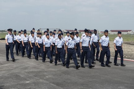 Randolph High School Junior ROTC cadets practice marching March 27, 2017, at Randolph High School on Joint Base San Antonio-Randolph, Texas. Randolph High School will begin hosting its own JROTC program at the start of the 2017-18 school year. (U.S. Air Force photo by Senior Airman Stormy Archer)