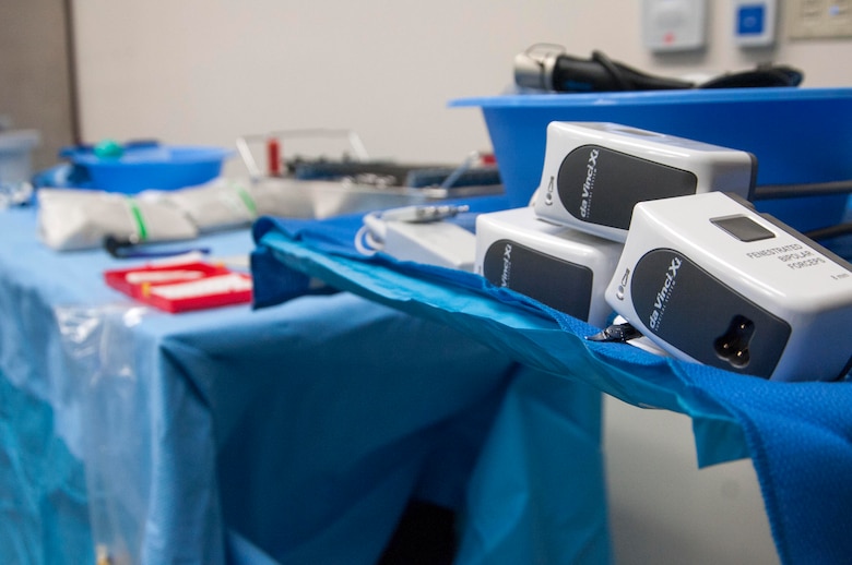 Medical instruments sit ready for a ventral hernia repair with the da Vinci Xi robotic surgery system, March 28, 2017, on Keesler Air Force Base, Miss. This was the first robotic surgery in the Air Force. The robotic system enhances surgeon’s mobility and range of motion. (U.S. Air Force photo by Senior Airman Jenay Randolph)