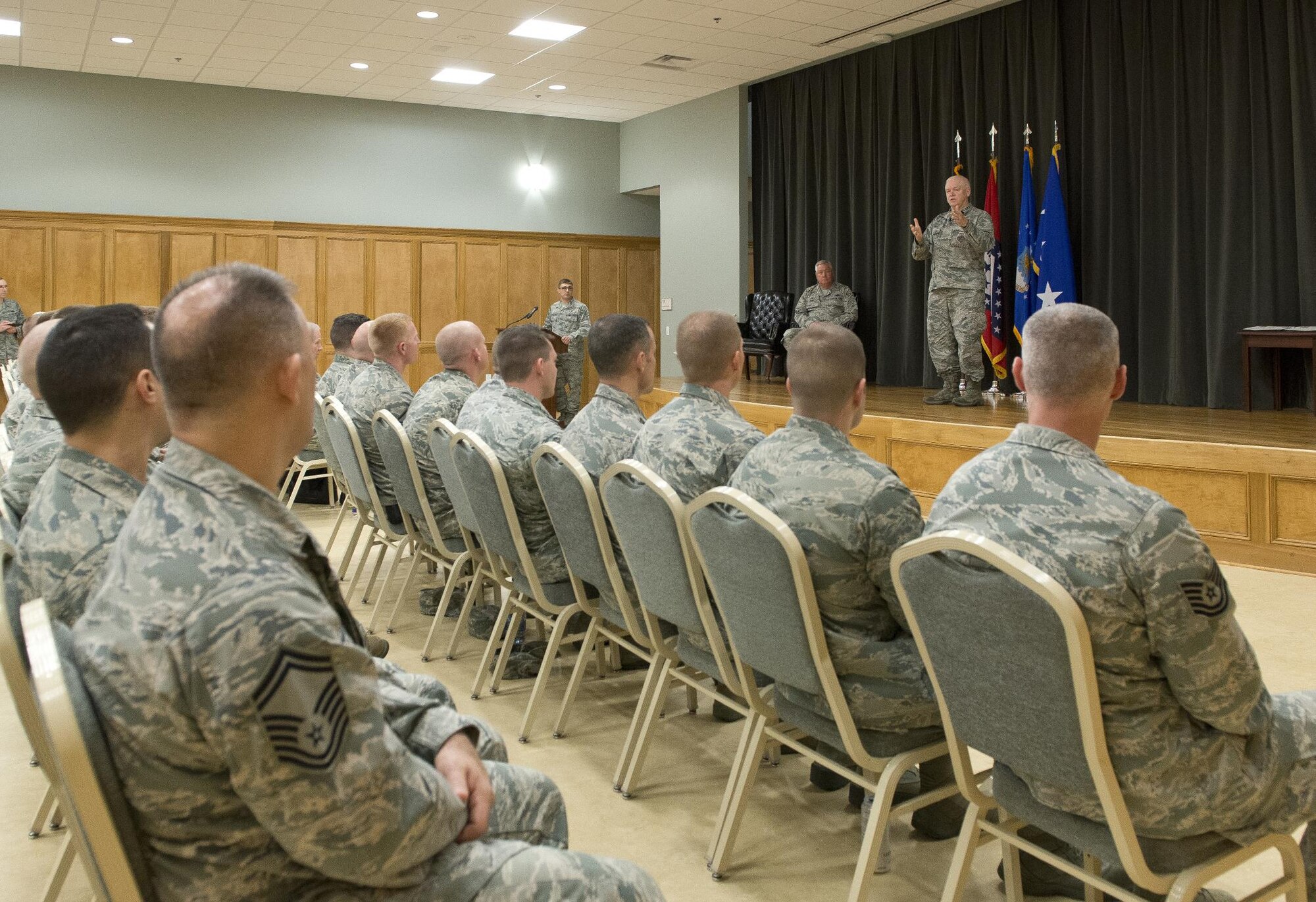 Lt. Gen. L. Scott Rice, director of the Air National Guard, delivers remarks during a graduation ceremony for the first class of the Air Force's Cyber Skills Validation Course held March 29, 2017, at Little Rock Air Force Base, Arkansas. The course is designed to take ANG Airmen with preexisting cyber skills and accelerate their training in the Cyber Warfare career field. (U.S. Air National Guard photo by Master Sgt. Marvin R. Preston)