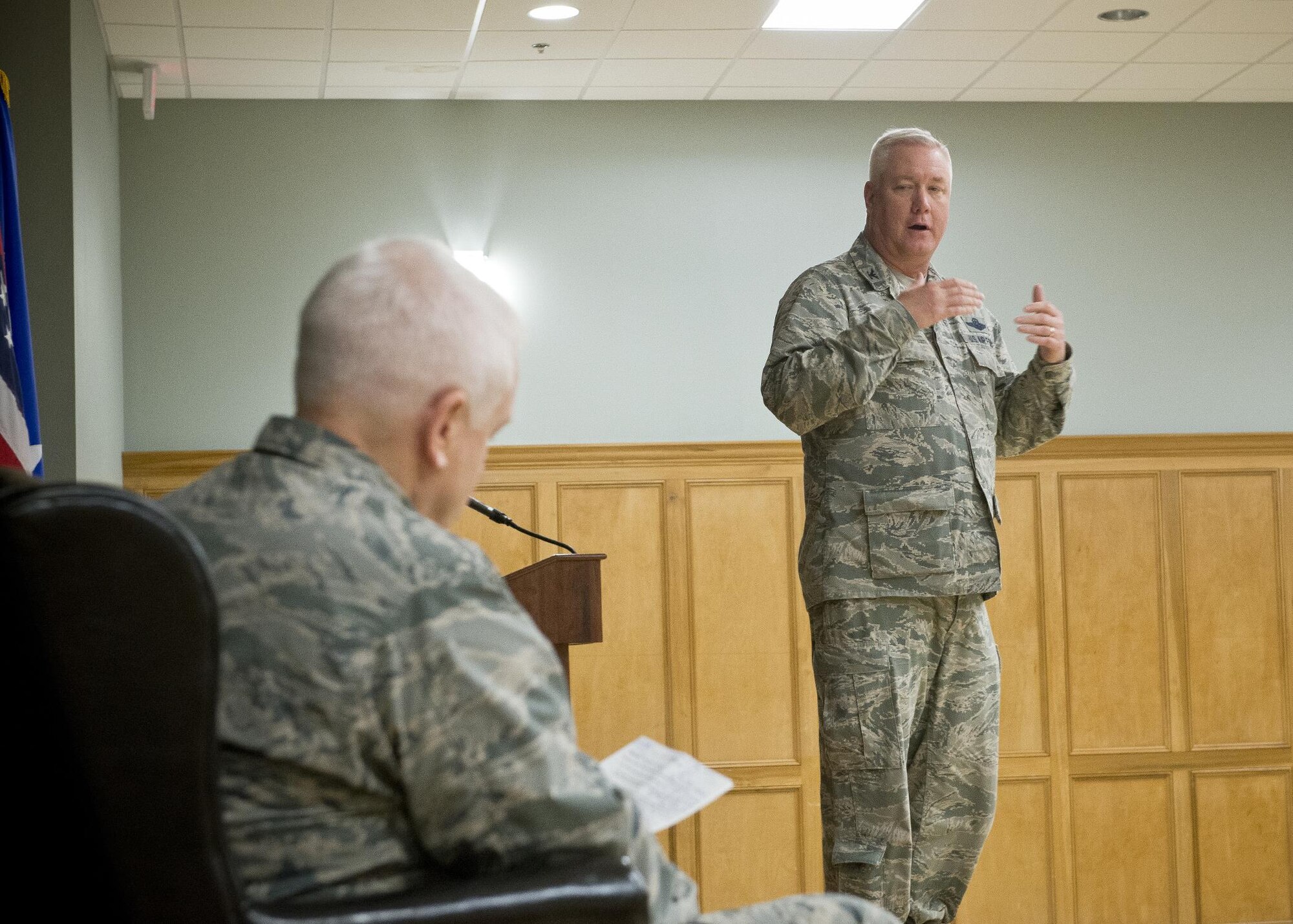Col. Robert A. Ator II, 189th Airlift Wing commander, delivers remarks during a graduation ceremony for the first class of the Air Force's Cyber Skills Validation Course held March 29, 2017, at Little Rock Air Force Base, Arkansas. The course is designed to take ANG Airmen with preexisting cyber skills and accelerate their training in the Cyber Warfare career field. (U.S. Air National Guard photo by Master Sgt. Marvin R. Preston)