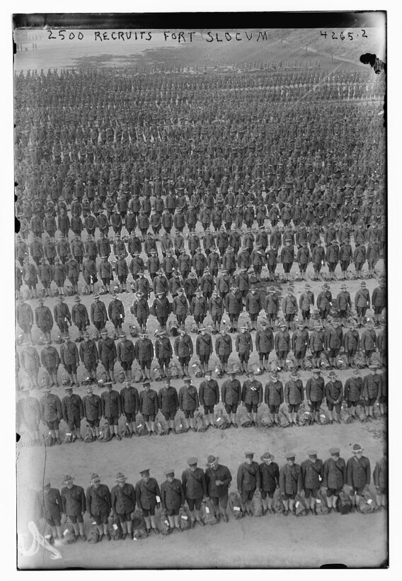 Recruits line up at Fort Slocum, N.Y., in 1917. The fort was one of the busiest recruit training stations in the nation. Library of Congress photo
