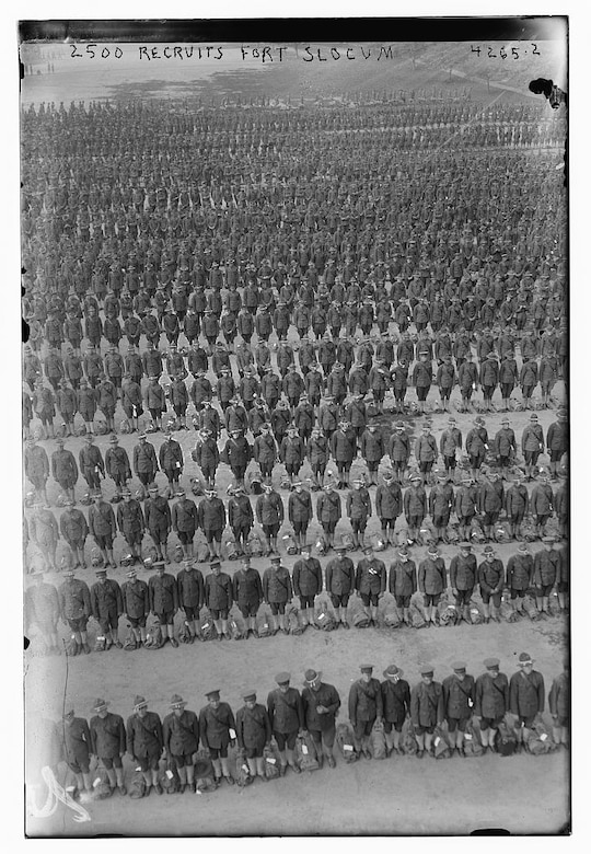 Recruits line up at Fort Slocum, N.Y., in 1917. The fort was one of the busiest recruit training stations in the nation. Library of Congress photo