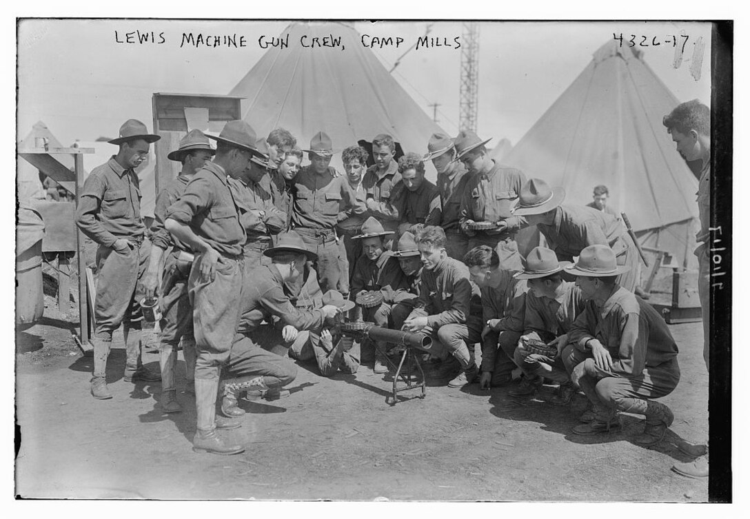 Soldiers conduct training with a Lewis machine gun at Camp Mills, N.Y., 1917. Library of Congress photo