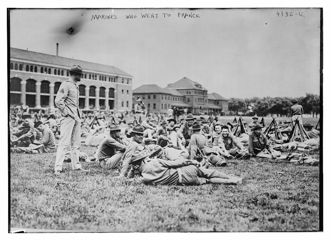 Marines take a break at the Philadelphia Marine Barracks before readying to board ships for France in 1917. Library of Congress photo