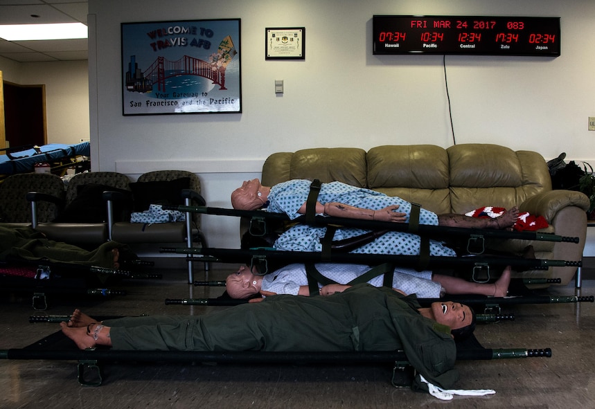 Medical manikins sit staged at David Grant U.S. Air Force Medical Center at Travis Air Force Base, Calif., on March 24, 2017. Members of the 60th Inpatient Squadron  participated in the Air Force Reserve exercise Patriot Delta, providing enroute patient care and staging the medical manikins. (U.S. Air Force photo by Staff Sgt. Daniel Phelps)