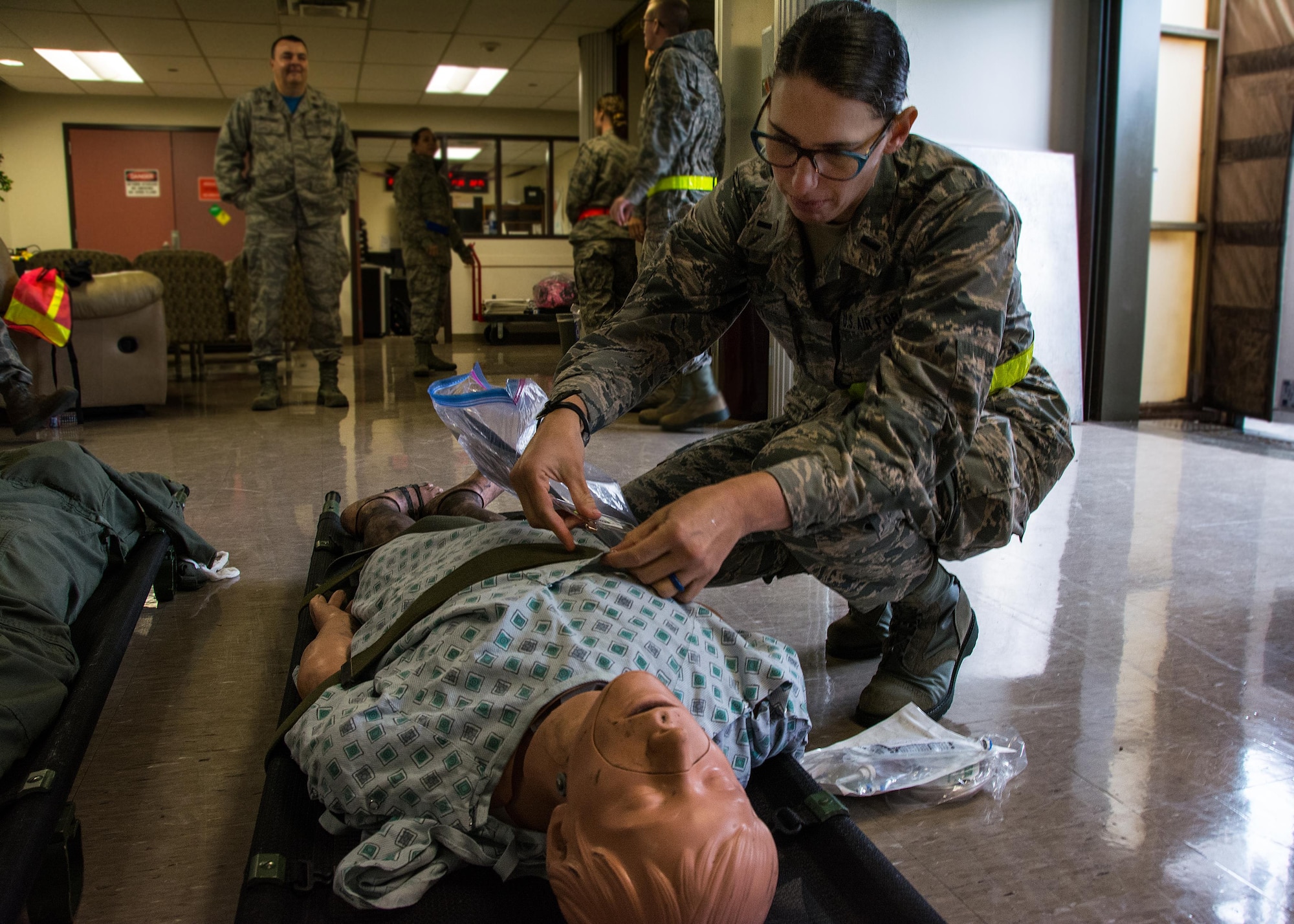 1st Lt. Andrea Nofi, 60th Inpatient Squadron nurse, stages a medical manikin at David Grant U.S. Air Force Medical Center at Travis Air Force Base, Calif., on March 24, 2017. Members of the 60th IPTS participated in the Air Force Reserve exercise Patriot Delta, providing enroute patient care and staging the medical manikins. (U.S. Air Force photo by Staff Sgt. Daniel Phelps)
