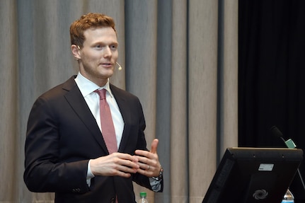 Dr. Matthew Kroenig, associate professor in the Department of Government and School of Foreign Service at Georgetown University and a senior fellow in the Brent Scowcroft Center on International Security at The Atlantic Council, delivers remarks at U.S. Strategic Command (USSTRATCOM) headquarters, Offutt Air Force base, Neb., March 29, 2017. In his presentation to command members, Kroenig discussed “The Logic of American Nuclear Strategy,” as well as the advantages and disadvantages of nuclear superiority; his perspective of nonproliferation; the results of hypothetical nuclear conflicts and crises; and other topics related to global nuclear capabilities. He also held discussions with U.S. Air Force Gen. John E. Hyten, commander of USSTRATCOM, during his visit. Georgetown University is one of more than 30 local and national academic institutions that make up the Deterrence and Assurance Academic Alliance – an organization that was started in Oct. 2014 to stimulate new thinking and develop future generations of deterrence practitioners. One of nine Department of Defense unified combatant commands, USSTRATCOM has global strategic missions assigned through the Unified Command Plan that include strategic deterrence; space operations; cyberspace operations; joint electronic warfare; global strike; missile defense; intelligence, surveillance and reconnaissance; and analysis and targeting. 