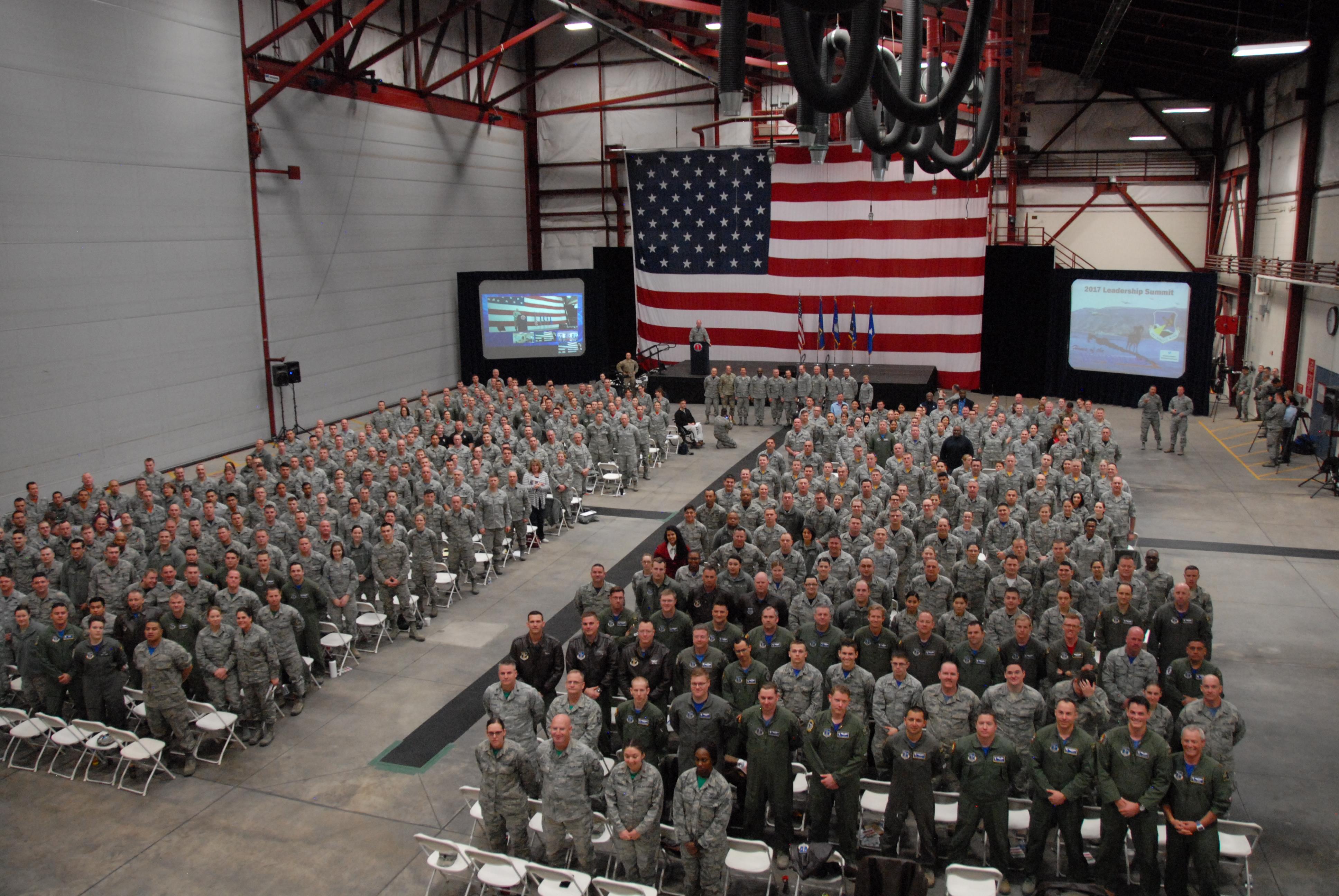 Airmen and Soldiers of the Nevada Air and Army National Guard stop and pose for a photo with Gen. Joseph Lengyel at the first ever 152nd Airlift Wing Leadership Summit on March 3 at the Nevada Air National Guard Base in Reno.