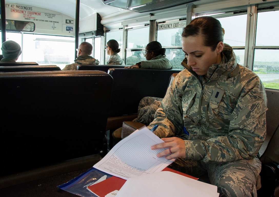 1st Lt. Christine Aye, 60th Inpatient Squadron nurse, goes over a “patient’s” paper work during Patriot Delta at Travis Air Force Base, Calif. on March 24, 2017. Members of the 60th IPTS participated in the Air Force Reserve exercise Patriot Delta, providing enroute patient care and staging the medical manikins. (U.S. Air Force photo by Staff Sgt. Daniel Phelps)