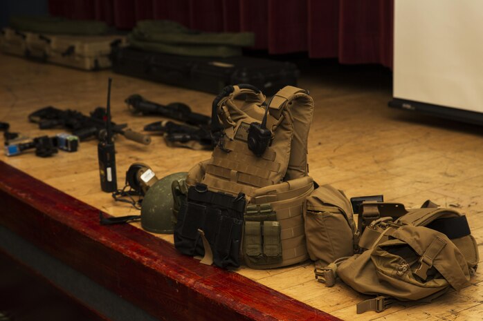 Gear utilized by the Special Reaction Team (SRT) sits on display for members of the Hiroshima and Yamaguchi Prefectural Police Headquarters during a cross training brief at Marine Corps Air Station Iwakuni, Japan, March 28, 2017. Members with the Hiroshima and Yamaguchi Prefectural Police Headquarters traveled to the air station to observe SRT conduct high-risk training scenarios. The training ranged from room-clearing, breaching, communication and non-lethal take-down techniques. (U.S. Marine Corps photo by Lance Cpl. Joseph Abrego)