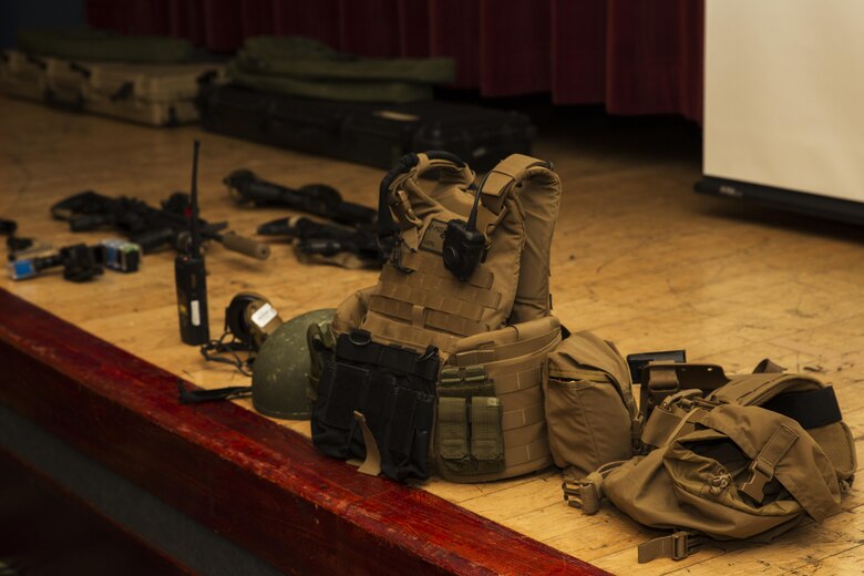 Gear utilized by the Special Reaction Team (SRT) sits on display for members of the Hiroshima and Yamaguchi Prefectural Police Headquarters during a cross training brief at Marine Corps Air Station Iwakuni, Japan, March 28, 2017. Members with the Hiroshima and Yamaguchi Prefectural Police Headquarters traveled to the air station to observe SRT conduct high-risk training scenarios. The training ranged from room-clearing, breaching, communication and non-lethal take-down techniques. (U.S. Marine Corps photo by Lance Cpl. Joseph Abrego)
