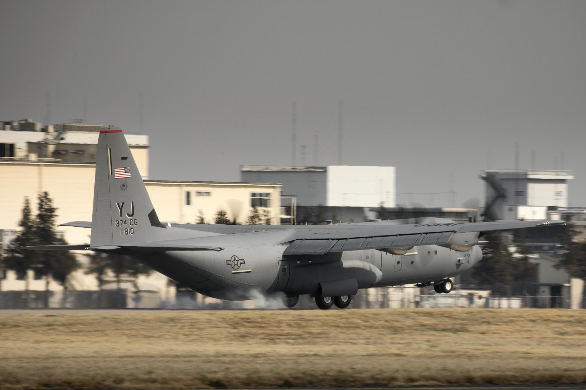 A C-130J Super Hercules touches down at Yokota Air Base, Japan, March 29, 2017. This is the second C-130J delivered from Lockheed Martin, less than a month after the first was delivered March 6th. Yokota serves as the primary Western Pacific airlift hub for U.S. Air Force peacetime and contingency operations. Missions included tactical air land, airdrop, aeromedical evacuation, special operations and distinguished visitor airlift. (U.S. Air Force photo by Yasuo Osakabe)